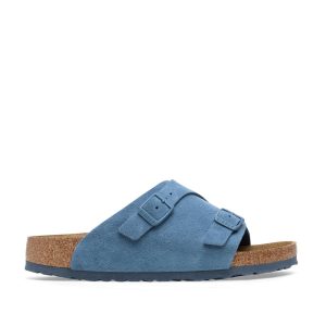 Ciabatta con doppia fibbia in morbido suede azzurro