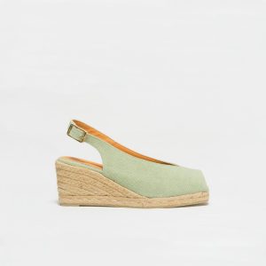 Espadrilla con zeppa a punta aperta in tela di cotone verde acqua. Altezza totale cm 7 e platform cm1.