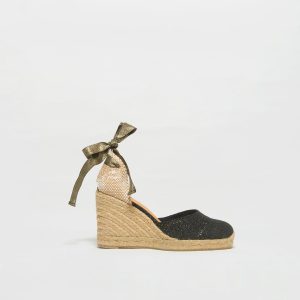 Espadrilla con zeppa in lino glitterato nero oro. Altezza totale cm 9. Platform cm1