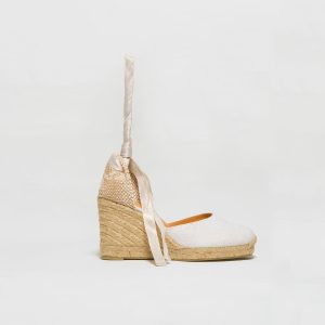 Espadrilla con zeppa in lino bianco glitterato oro. Altezza totale cm 9. Platform cm1