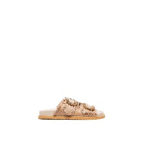 Ciabatta a due fasce in pelle intrecciata rosa nude con fibia di strass