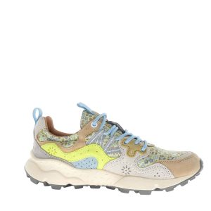 Sneaker Flower Mountain modello Yamano 3 in suede beige e canvas giallino a fiorellini