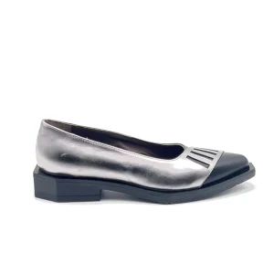 “Charlotte” Ballerina in Pelle Laminata Acciaio