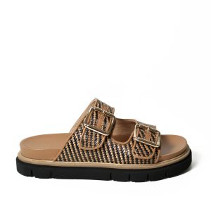 Ciabatta a due fasce in pelle intrecciata cuoio e nero