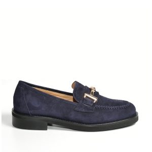 Mocassino in pelle scamosciata blu con morsetto dorato