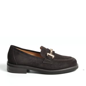 Mocassino in pelle scamosciata marrone scuro con morsetto dorato