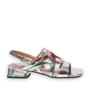 Sandalo in pelle stampata lucertola argento fuxia verde acqua